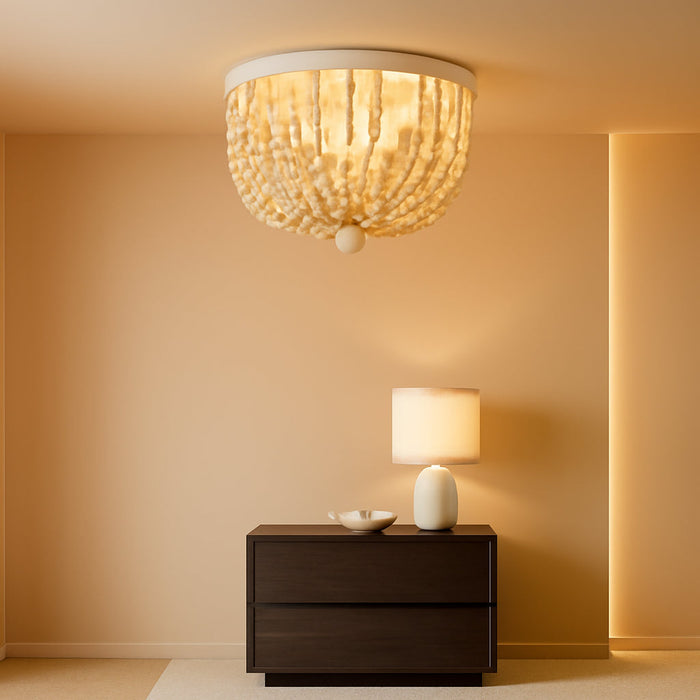 Boho Chandelier Wood Beaded Flush Mount Ceiling Light Fixtures for Nursery Baby Bedroom Kitchen Hallway,Oak White Finish,2-Lights