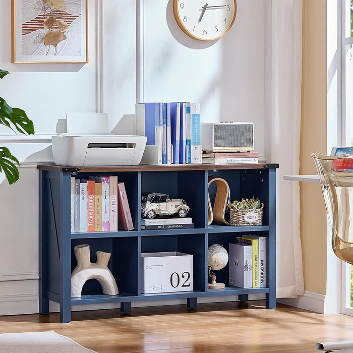 6 Cube Bookcase, Farmhouse Wood Low Storage Organizer Book Shelf, 47" Horizontal Navy Blue Console Bookshelf with Legs, Hallway Book Case for Entryway, Display Cabinet for Living Room, Office