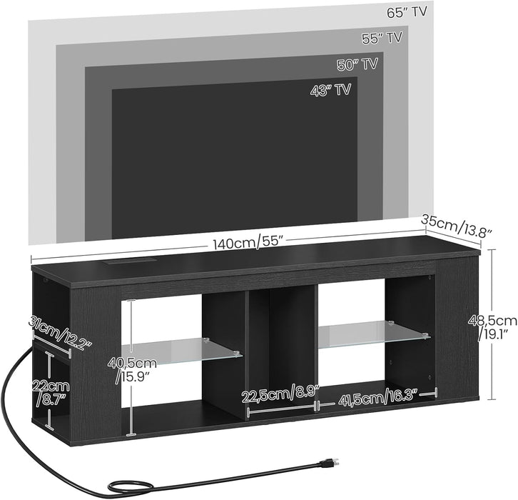 55" TV Stand for up to 65" Tvs with RGB LED Lights, Built-In Power Outlet, Adjustable Glass Shelves & Open Storage, Modern Media Console for Living Room & Game Room, Black MDS05UDBB