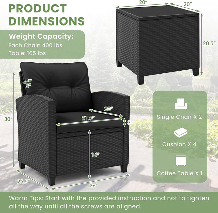 3 Pieces Patio Furniture Set, Wicker Conversation Set Outdoor Chairs with Cushions, Glass Coffee Table, Rattan Bistro Set for Front Porch Balcony Garden Deck Poolside (Black)