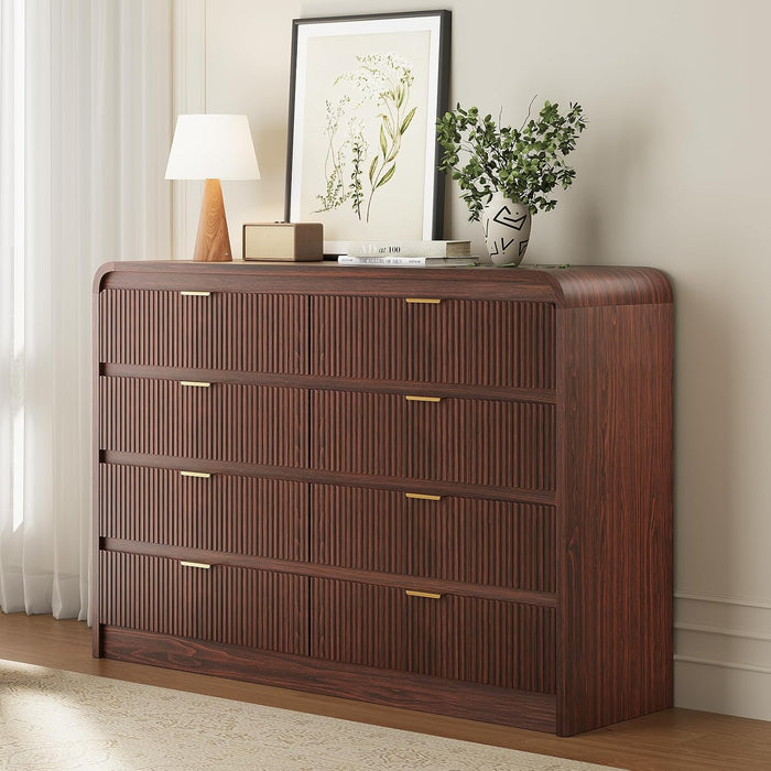 Fluted 8 Drawers Dresser for Bedroom, 55" Wide Wooden Dresser with Metal Handle, Curved Profile Design, Modern Storage Organizer for Bedroom, Living Room, Hallway, Dark Walnut