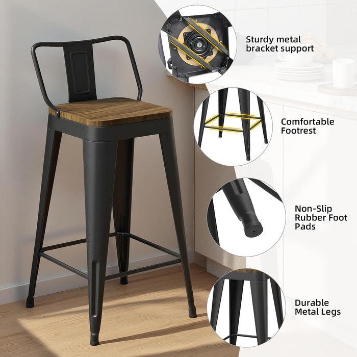 Swivel Bar Stools Set of 4, 24" Counter Height Barstools with Low Back, Industrial Metal Bar Stools with Large Wooden Seat for Kitchen Island (Matte-Black)