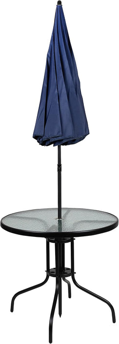 6 Piece Navy Patio Garden Set with Table, Umbrella and 4 Folding Chairs