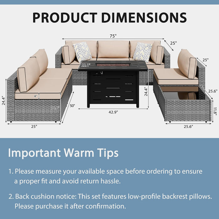 8 Piece Outdoor Patio Furniture Set with 43 Inch Propane Fire Pit, Washable Cushions, Glass Coffee Table, Waterproof Cover & CSA Certified for Backyard Poolside, Silver PE Rattan/Khaki