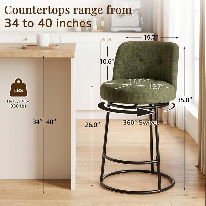 360° Swivel Bar Stools Set of 2, 26" H Modern Linen Counter Height Barstools, Upholstered Counter Stools with Ergonomic Wide Back & Metal Base for Kitchen Island, Dining Room, Green