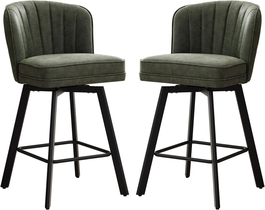 Swivel Counter Height Bar Stools Set of 2, 26'' Modern Barstools with Backs and Metal Legs, Upholstered Bar Chairs, Faux Leather Green Stools for Kitchen Island Chairs