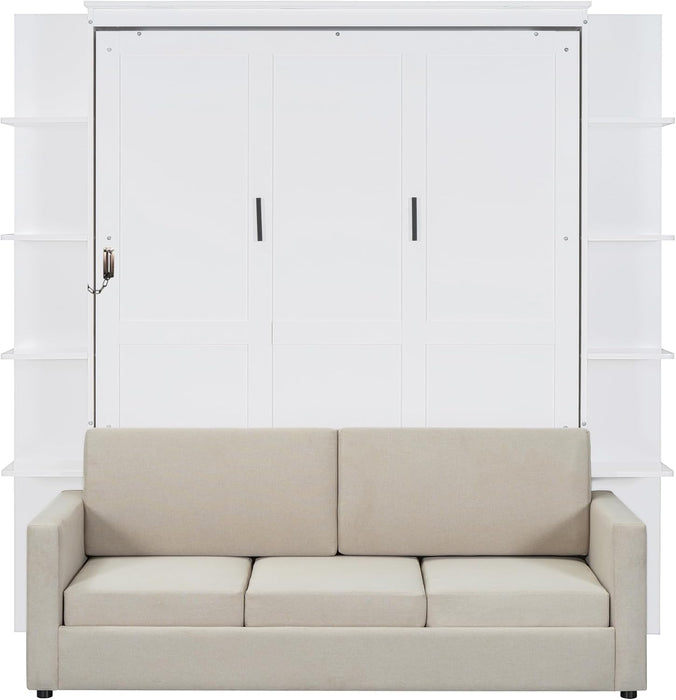 Queen Murphy Bed with Couch and Storage Shelves,Wood Fold up Murphy Bed Cabinet with Storage Shelves and Sofa,White