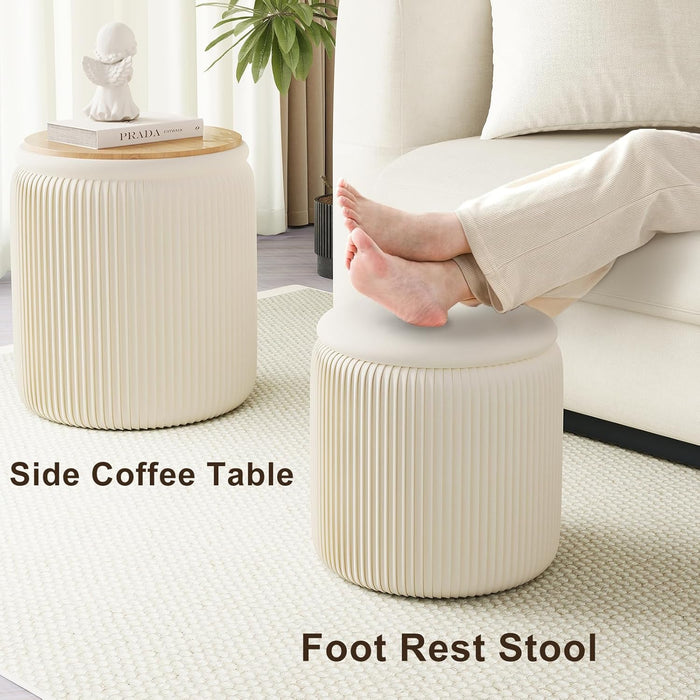 Round Ottoman with Storage Set of 2, White Vanity Stool, Upholstered Velvet Storage Ottomans, Makeup Chair Seat for Bedroom, Small Pouf Footstool for Living Room