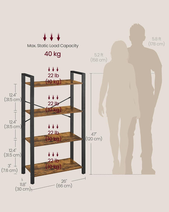 4-Tier Bookshelf, Bookcase with Steel Frame, Book Shelf for Living Room, Home Office, Study, 11.8 X 26 X 47 Inches, Industrial Style, Rustic Brown and Ink Black ULLS60BX