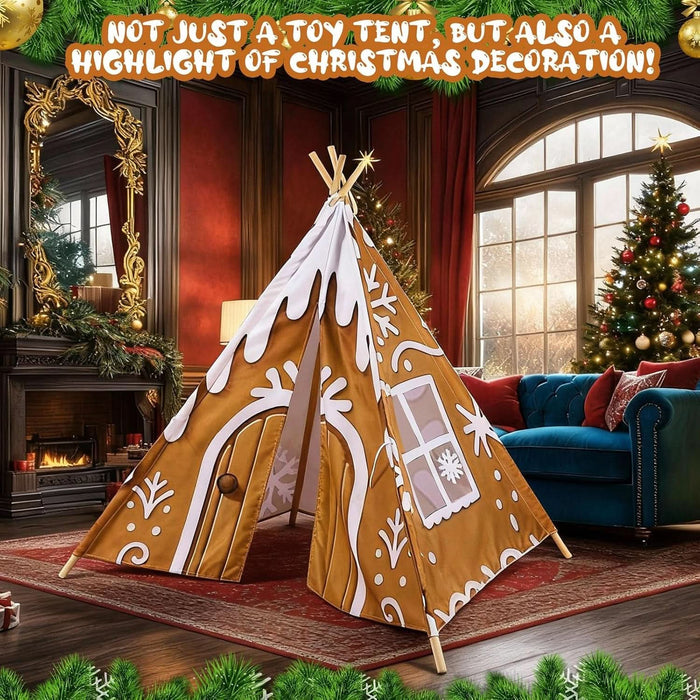 Christmas Gingerbread House Teepee Tent for Kids Gingerbread Play Tent Playhouse Decorations 47X47X55 Inch Foldable 5 Sides with Carry Bag for Toddler Indoor Outdoor Games Party Holiday
