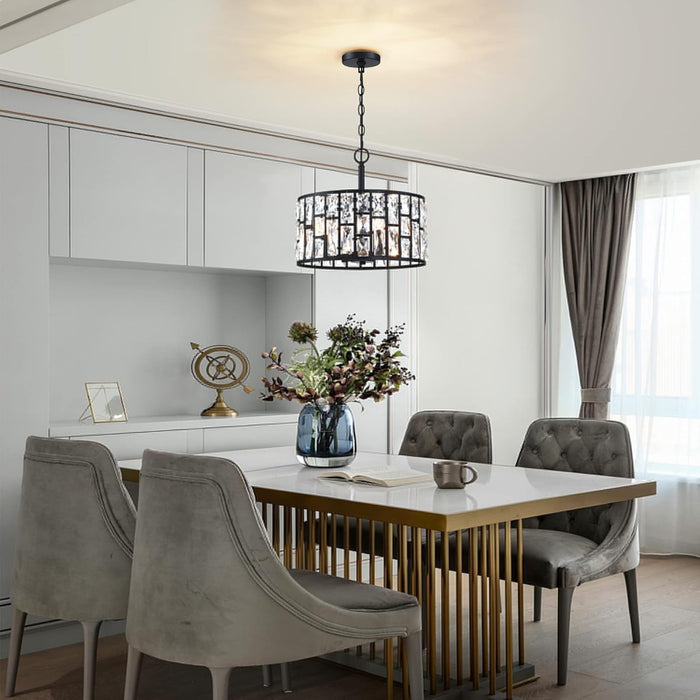 Farmhouse Crystal Convertible Chandelier and Semi Flush Mount Lighting Black Cylinder Drum Shade Pendant for Kitchen Island Dining Room Bedroom Hallway