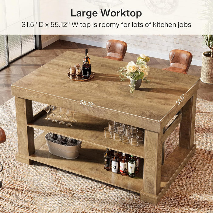 Bar Table, 55-Inch Counter Height Pub Table with Storage Shelves, High Top Kitchen Dining Table, Rectangle Wood Home Bar Unit for Dining Room, Bistro, Rustic Brown
