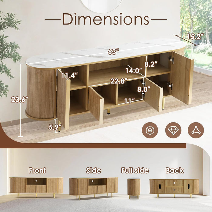 63" Fluted TV Stand, Modern Entertainment Center for Tvs up to 70", Wood Mid Center TV Console with Storage and Adjustable Shelves, Media Console for Living Room, Bedroom (Natural)