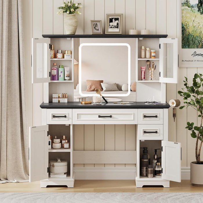 Farmhouse Vanity Desk with Mirror and Lights, Makeup Vanity Table with Charging Station, 45" Bedroom Table with 4 Drawers and Cabinets, 3 Lighting Modes, White
