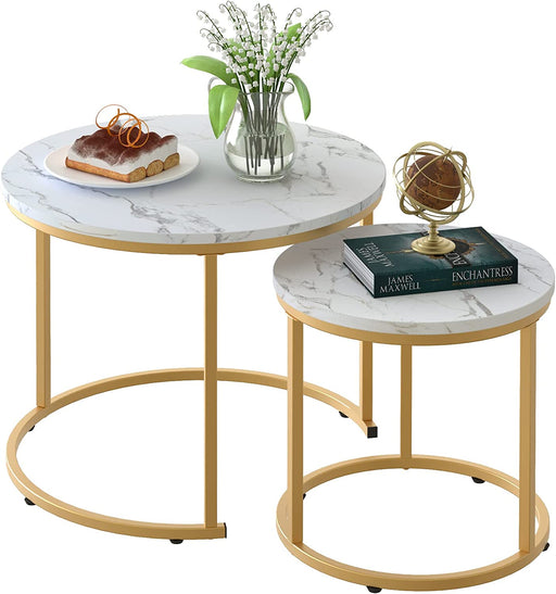 Coffee Table Nesting White Set of 2 Side Set Golden Frame Circular round and Marble Pattern Wooden Tables, Living Room Bedroom Apartment Modern Industrial Simple Nightstand