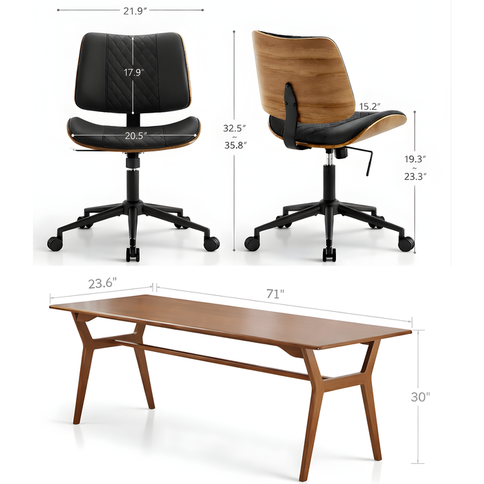 Modern Walnut Office Desk with Armless Swivel Chair Set