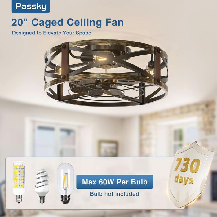 20" Farmhouse Flush Mount Ceiling Fans with Lights and Remote, Industrial Black Caged Low Profile Fandelier, 6 Speeds Bladeless Ceiling Fan for Bedroom, Kitchen, Living Room