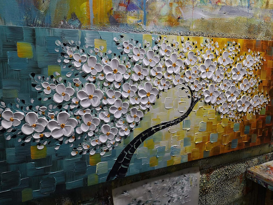 - 100% Hand Painted Contemporary Art Oil Painting on Canvas Texture White 3D Flower Paintings Modern Home Bedroom Living Room Wall Decor Abstract Art Paintings 24X60Inch