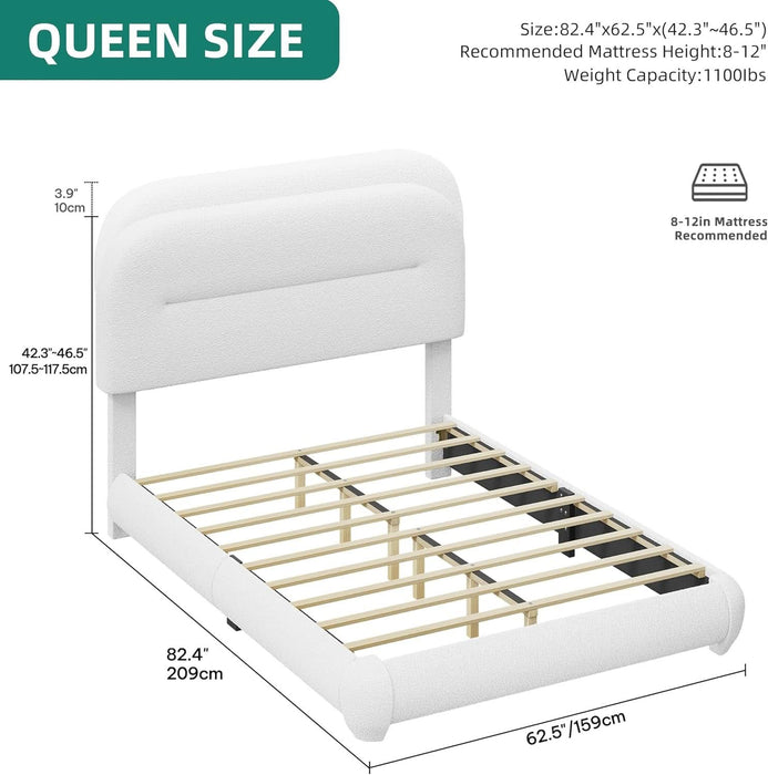 Queen Size Boucle Bed Frame, Upholstered Platform Bed Frame with Headboard, Modern Style, Soft Rounded Corners with Thickened Footboard, No Box Spring Needed, Easy Assembly, White