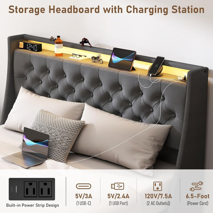 Queen Bed Frame with Storage Headboard and 4 Drawer, Metal Platform Bed Frame Queen Size with LED Light, Charging Station, No Box Spring Needed, Noise Free, Easy Assembly, Grey