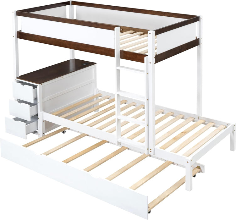 Twin over Twin Bunk Bed Twin Size Trundle, Wood Twin Bunk Bed with USB Ports, Storage and Desk, White+Walnut