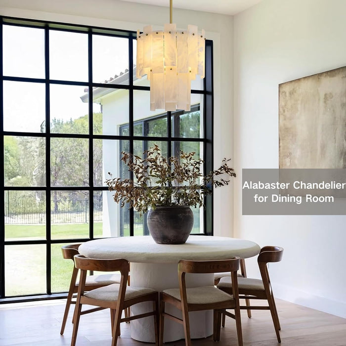 Alabaster round Chandelier, 2-Tier Spanish Alabaster Chandeliers, Warm White, 13" Modern Small Gold Marble Pendant Chandeliers for Foyer, Kitchen Island, Dining Room, Bedroom