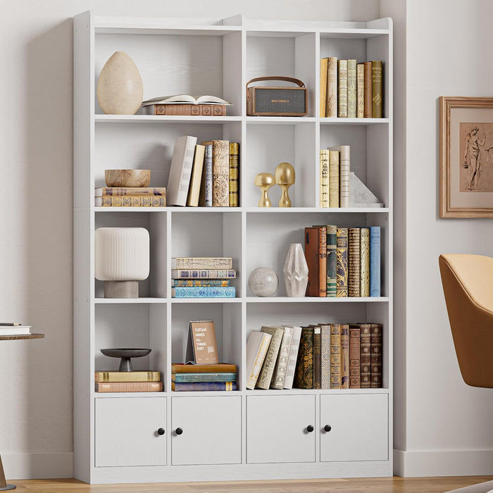 White 6-Tier Bookshelf Cabinet With Doors Floor-Standing