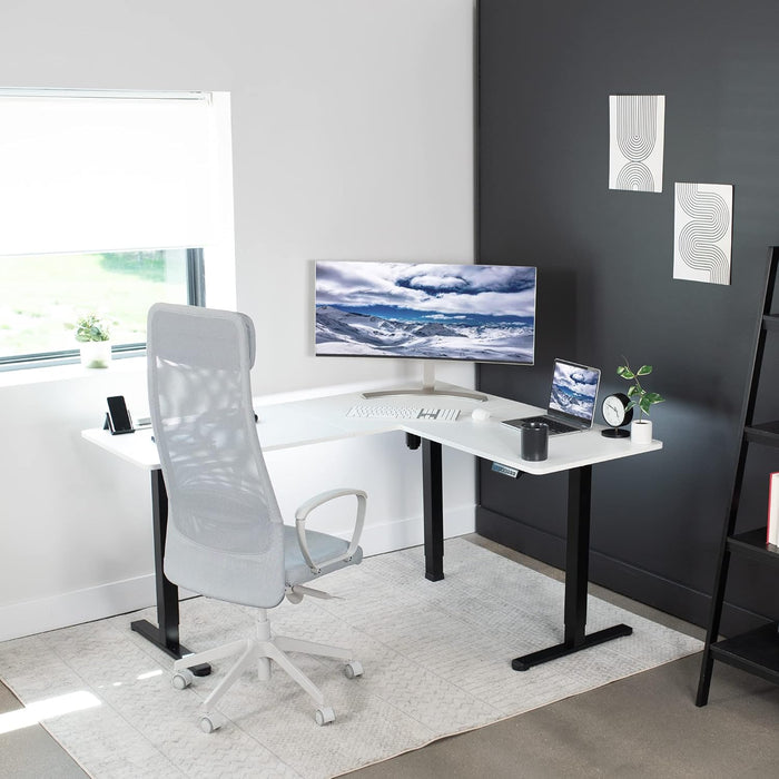 Corner Standing Desk, 63 X 55 Inch Reversible L-Shaped Workstation, Electric Height Adjustment, Home, Office, and Reception Rooms, White Table Top Black Frame, DESK-E3CTBW