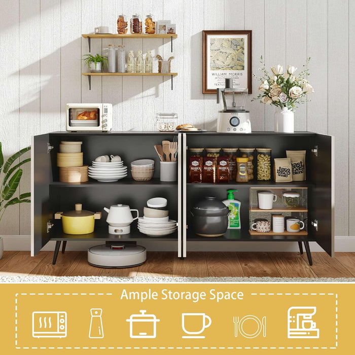 Sideboard Buffet Cabinet with Storage: 63" Oak and Black Buffet Cabinet with 4 Doors, Fluted Credenza Storage Cabinets, Mid Century Modern Sideboard for Living Room (Black & Oak)