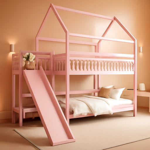 Pink FullOverFullBunkBed PlayhouseWithStairs Storage