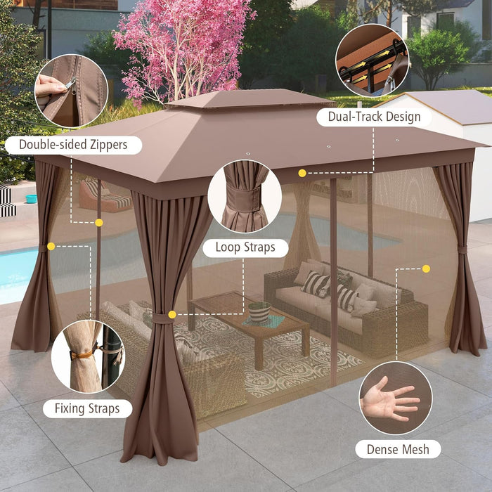 Patio Gazebo 10'X13', Outdoor Heavy Duty Party Tent Shelter with Double Roofs, Mosquito Nettings and Privacy Screens for Backyard, Garden, Lawn, Khaki