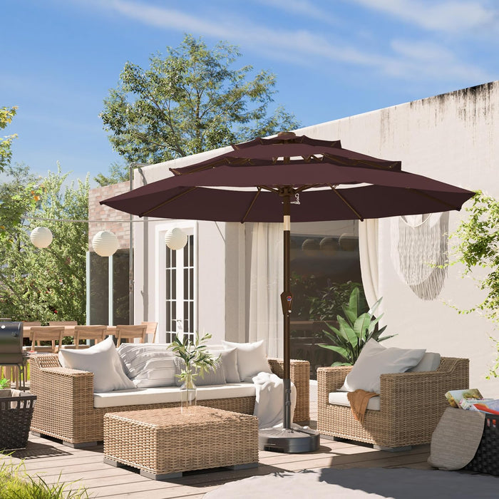 9FT 3-Tier Large Outdoor Patio Umbrella Market Table Umbrella-Uv Resistant,Easy Push Button Tilt and Crank,8 Sturdy Fiberglass Ribs Heavy-Duty Pool Umbrella for Deck,Backyard,Garden,Yard,Brown