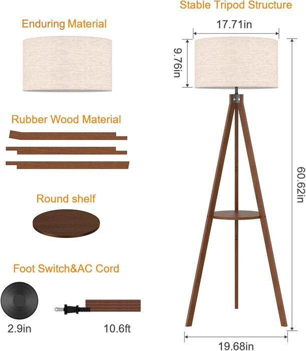 Tripod Floor Lamp, Mid Century Wood Standing Lamp, Modern Design Shelf Floor Lamp for Living Room, Bedroom, Office, Flaxen Linen Shade with E26 Base Brown