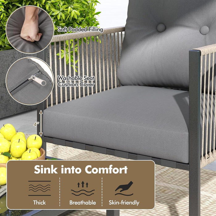 8 Pieces Patio Furniture Set, Outdoor PE Rattan Conversation Sofa Set with Thick Cushions and 2-Tier Tempered Glass Coffee Table for Garden, Porch, Balcony and Backyard