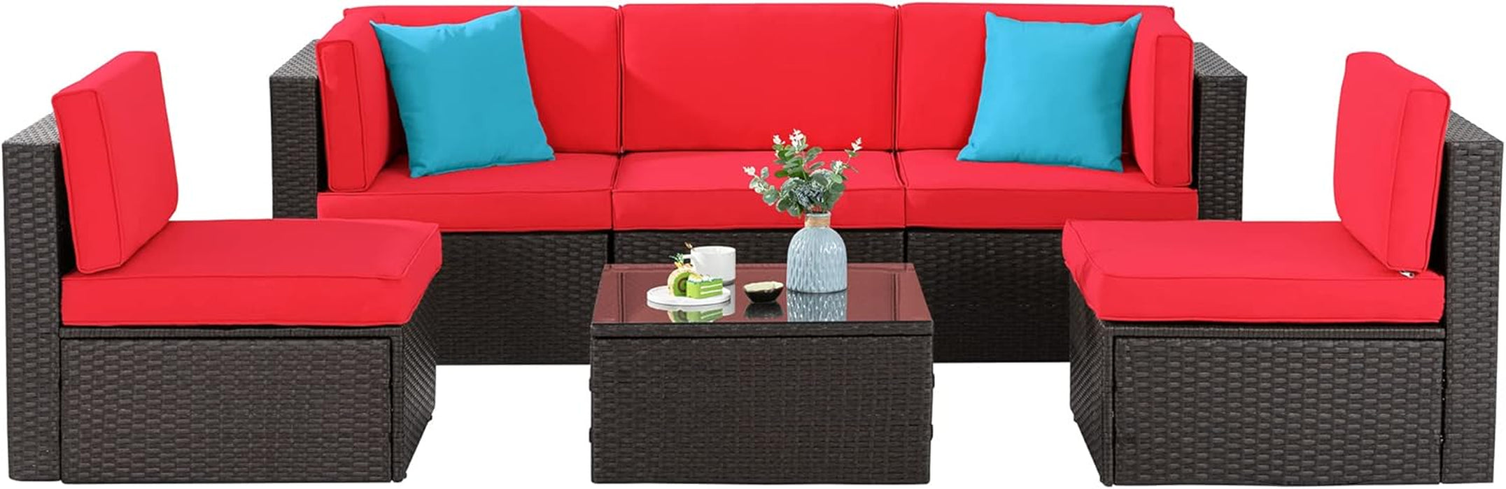 6 Pieces Patio Furniture Sets Outdoor All-Weather Sectional Patio Sofa Set PE Rattan Manual Weaving Wicker Patio Conversation Set with Glass Table&Ottoman Cushion and Red Pillows, Red