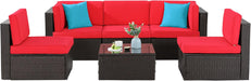 6 Pieces Patio Furniture Sets Outdoor All-Weather Sectional Patio Sofa Set PE Rattan Manual Weaving Wicker Patio Conversation Set with Glass Table&Ottoman Cushion and Red Pillows, Red