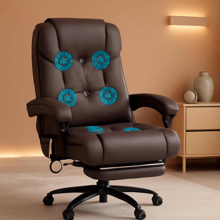 High Back Massage Office Chair with 6 Vibration Points, PU Leather Reclining Computer Chair, Ergonomic Desk Chair with Footrest Adjustable Height and Remote, Brown