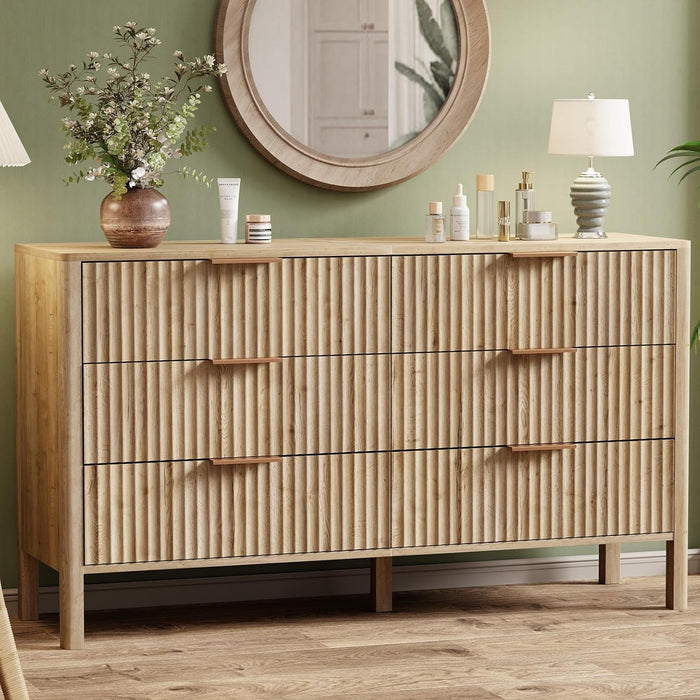 Solid Oak 55InchWideDresserWithSixDrawersStorageOrganization