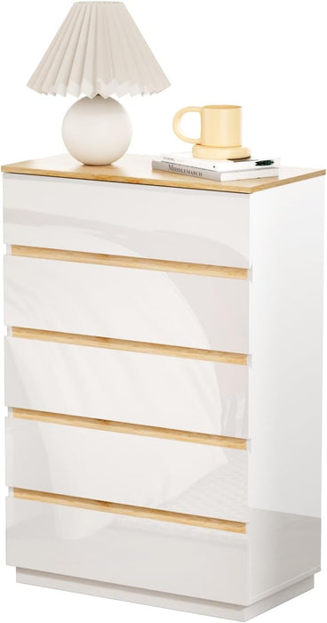 5 Drawer Dresser for Bedroom, 45" H Tall Dresser Chest of Drawers, High Gloss Wood Modern Storage Cabinet with Brown Top