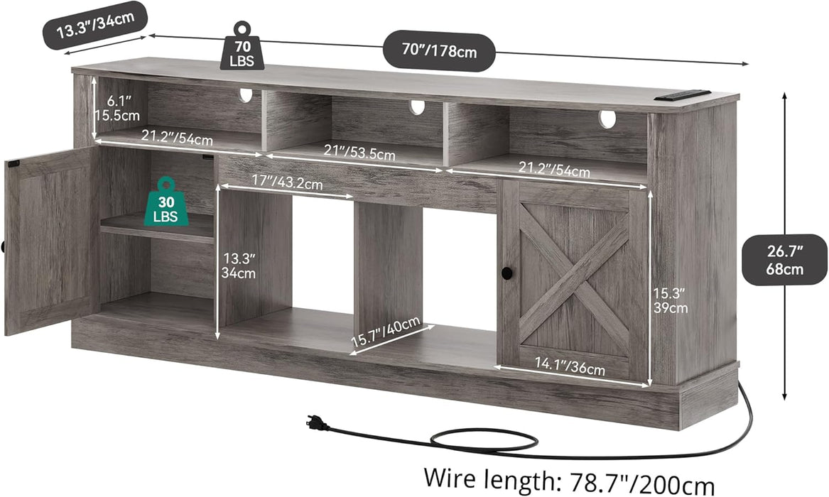 TV Stand for 75/80 Inch TV, Light Rustic Grey Entertainment Center 70 Inches Wide, Media Furniture TV Table with with Power Outlet, TV Consoles for Living Room, Curved Desktop