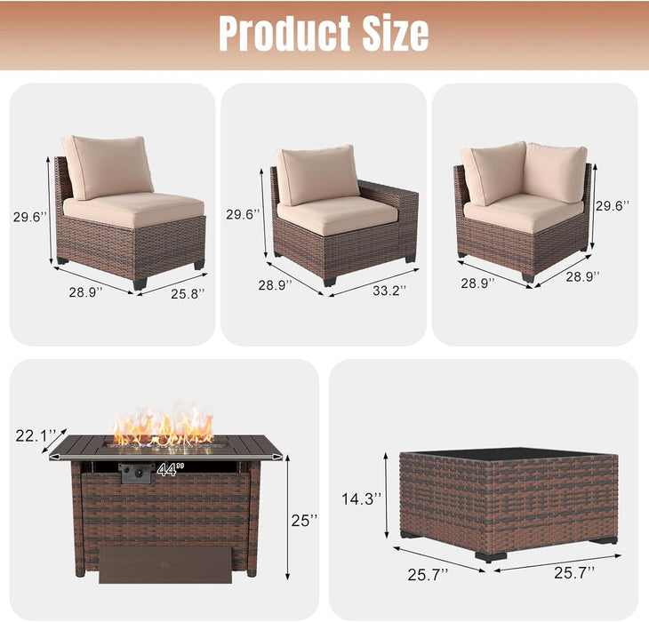 7 Pieces Patio Furniture Set with 44” Fire Pit Table Wicker Rattan Outdoor Sectional Conversation Set with Coffee Table and 4” Thickened Cushions, Beige (Waterproof Cover Included)