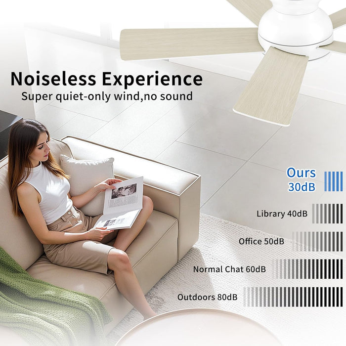 42 Inch White Ceiling Fans with Lights and Remote, LED Low Profile Flush Mount Ceiling Fan for Bedroom, Living Room, Patio, Quiet DC Motor, 5 Blades