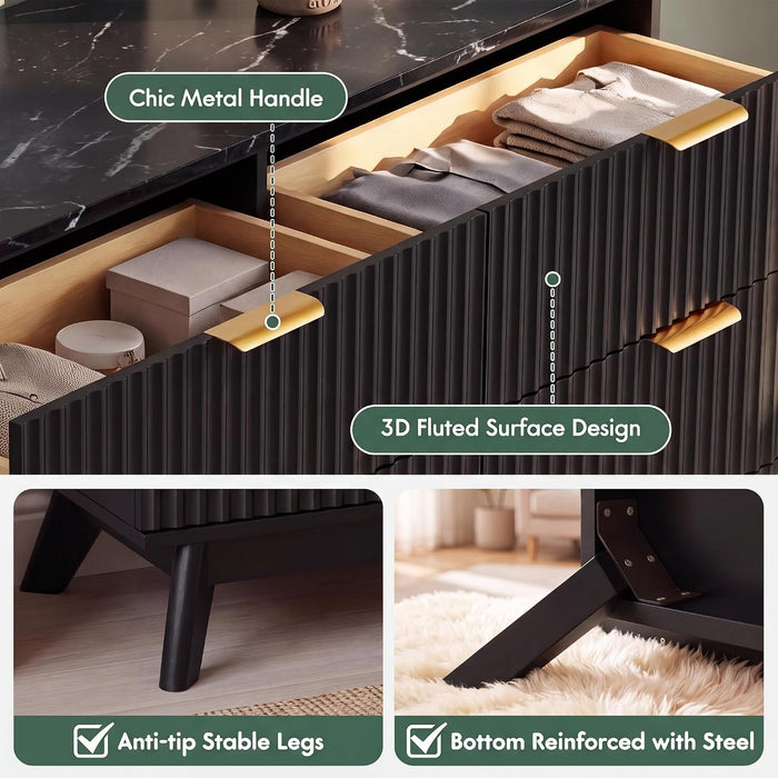 Fluted Dresser for Bedroom, 47.2" Wide Chest of 6 Drawers, Black