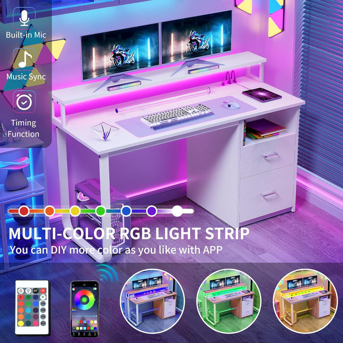 Computer Desk with Drawers, 47.2" Office Desk with Power Outlets & LED Light, Home Office Desk with Storage Shelves, White