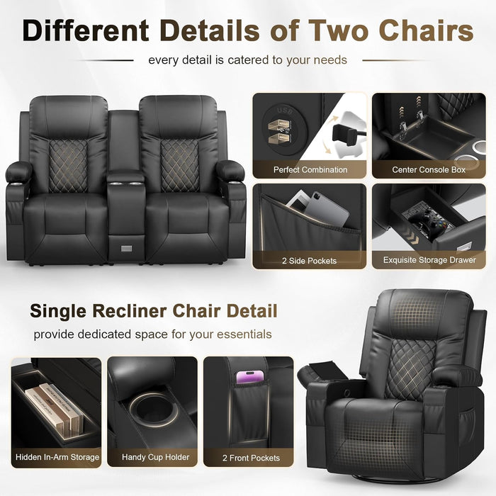 Living Room Furniture Set, Loveseat Recliner and 2PC Massage Recliner Chair, Luxury Reclining Sofa 3PC Set for Living Room (2+1+1)