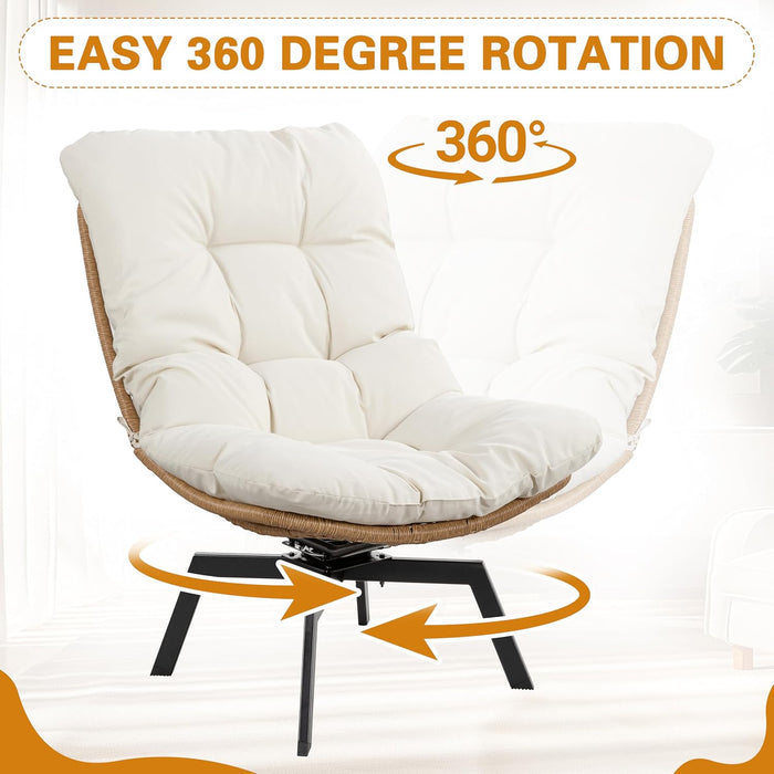 Outdoor Rattan Swivel Chair,Nature Wicker Patio Rotating Chair with Beige Thickened Cushion and Side Pocket,360° Rotation Patio Lounge Chairs for Living Room Bedroom Backyard Balcony
