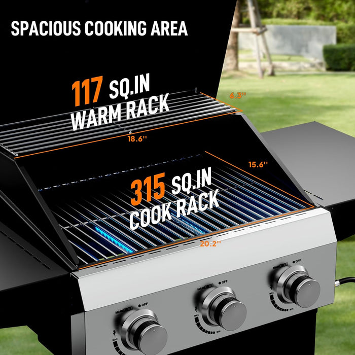 3 Burners Portable Gas Grill with Enameled Cast Iron Grates, Powerful 36,000 BTU Propane Grill with Side Shelf & Bottom Cabinet, Outdoor Grill with Wheels for Patio Backyard Garden BBQ Use