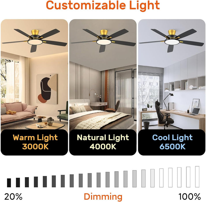 52 Inch Ceiling Fans with Lights and Remote,Ultra Silent Low Profile Ceiling Fan with Three Color Temperature and Dimmable Light with Reversible Blades Black Gold