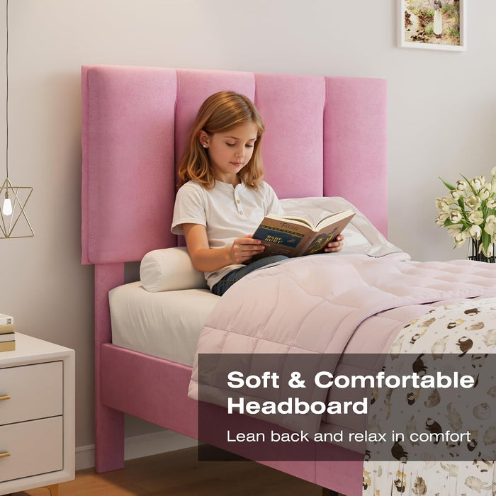 Twin Size Bed Frame with Upholstered Headboard, Velvet & Pink