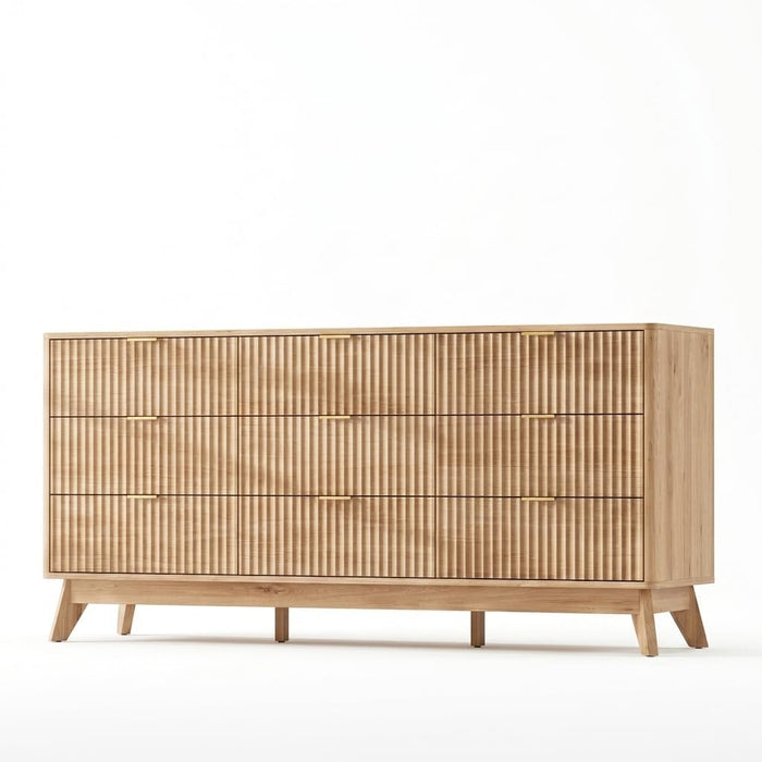 63" Wide Fluted 9 Drawers Dresser for Bedroom,Curved Edge,Oak